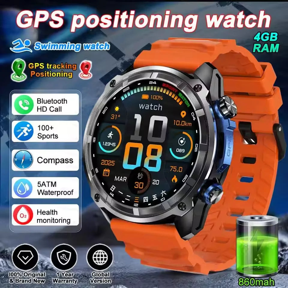 NEW 2025 GPS Smart Watch with Offline Maps 4GB Memory Video Player Military Sports Smartwatch Men 30m Swimming Waterproof AMOLED
