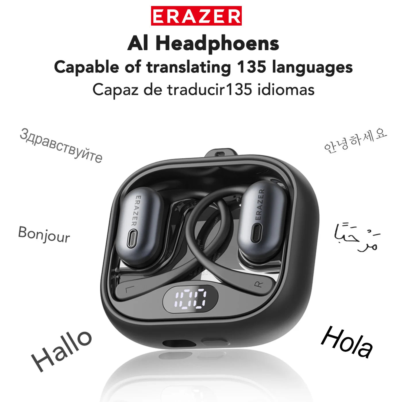 [Bluetooth V6.0] ERAZER XF53 Bluetooth Wireless Earphones Open Sports Headphones AI Translator Earbuds Soft EarHook Not-in-Ear
