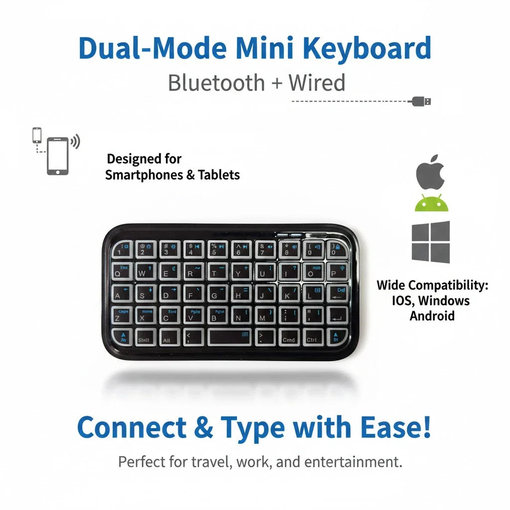 Mini Rechargeable Type-C Dual-Mode (Bluetooth + Wired) RGB Backlight Keyboard Pocket Portable 49 Keys for Tablets Smartphones