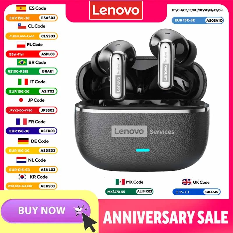 Lenovo LE208 TWS Bluetooth 6.0 Wireless Leather Earphones Stereo ENC Noise Cancelling Headphone 38ms Low Latency Gaming Headset