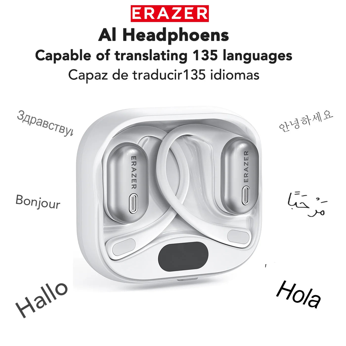 [Bluetooth V6.0] ERAZER XF53 Bluetooth Wireless Earphones Open Sports Headphones AI Translator Earbuds Soft EarHook Not-in-Ear