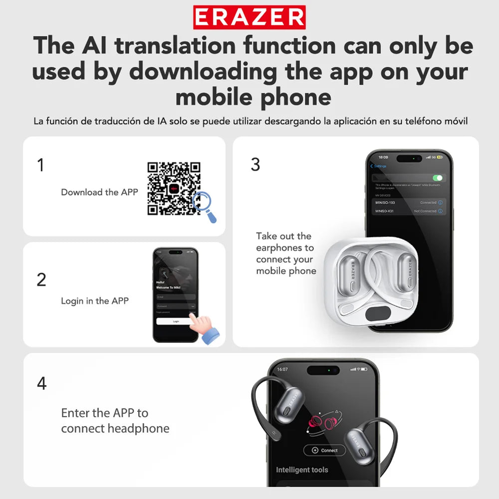 [Bluetooth V6.0] ERAZER XF53 Bluetooth Wireless Earphones Open Sports Headphones AI Translator Earbuds Soft EarHook Not-in-Ear