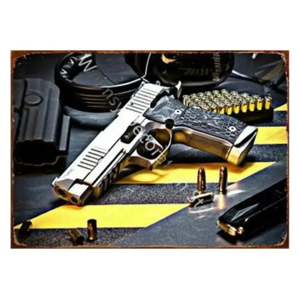 2D Metal Decor Exquisitely Designed Pistol Metal Signs: Embodying Military Sophistication, These Are the Ideal Wall Decor