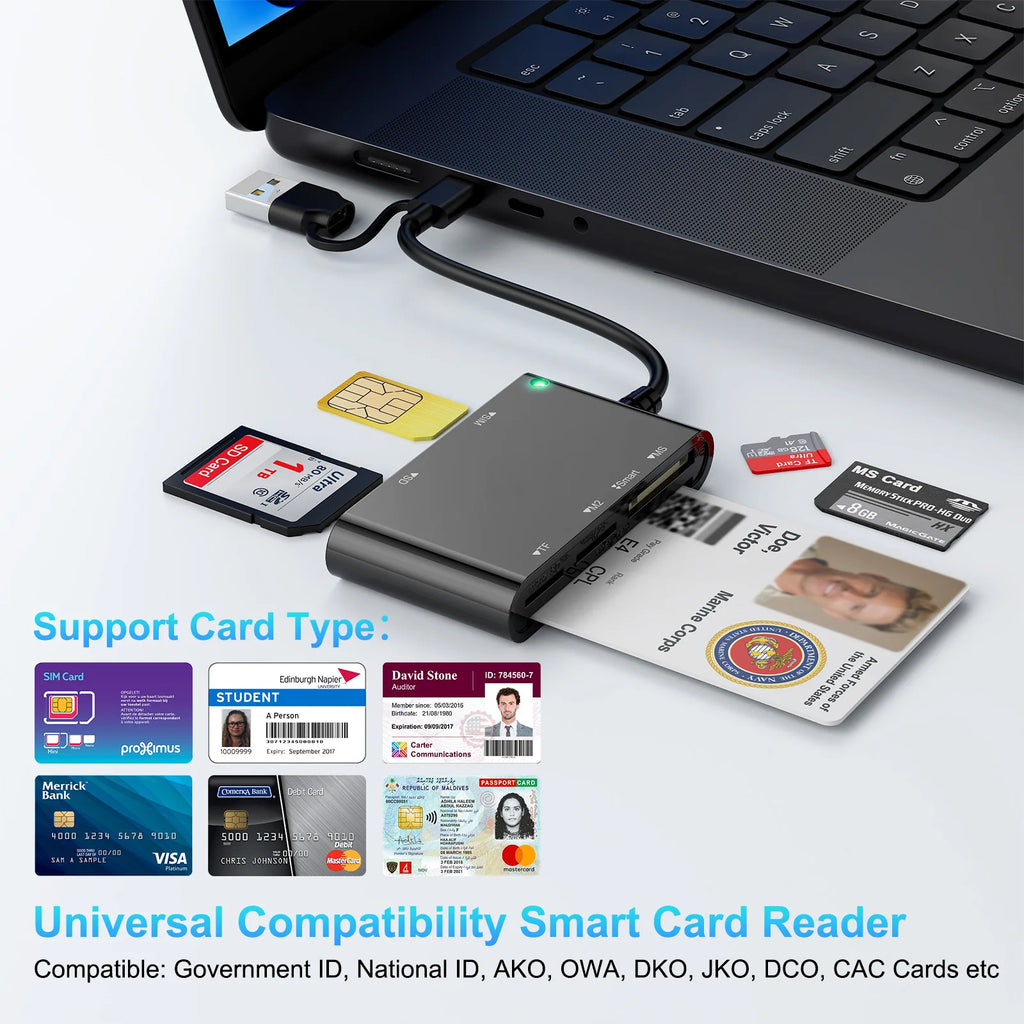 6 IN 1 Smart Multi-function Card Reader USB/Type C to Smart/MS/M2/TF/SIM/SD Memory Card Bank Card Reader for PC Laptop Transfer