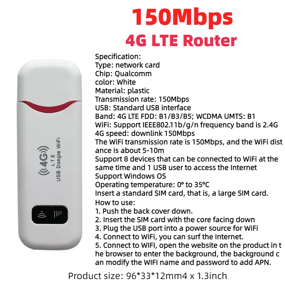 4G LTE USB Modem Dongle 150Mbps Wireless WiFi Mobile Router SIM Card Network Card Pocket WiFi Hotspot Router for Home Office
