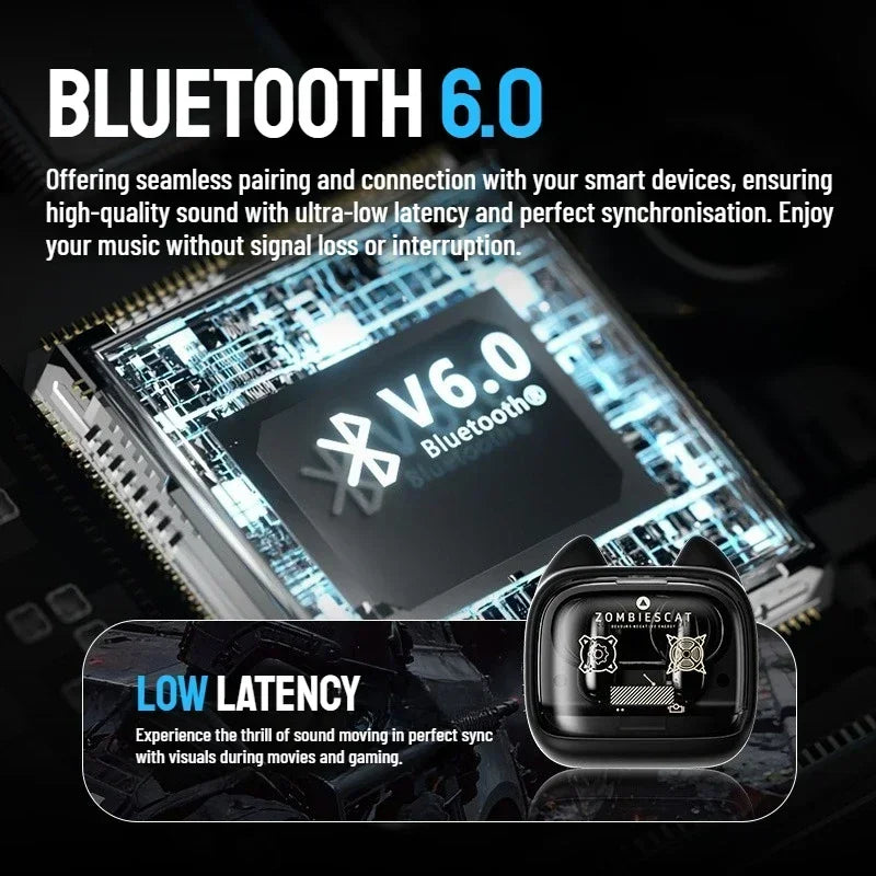 Zombies Cat B19 Smart Touch Screen Earphone HiFi Stereo Bluetooth 6.0 Headphones ENC Call Noise Reduction TWS Wireless Earbuds