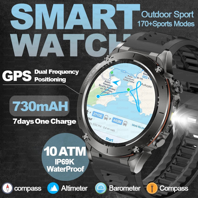 2025 NEW Dual-band GPS Outdoor Swim Sport Smart Watch Men Compass 730mAh Large Battery 10ATM Professional Waterproof Smart Watch