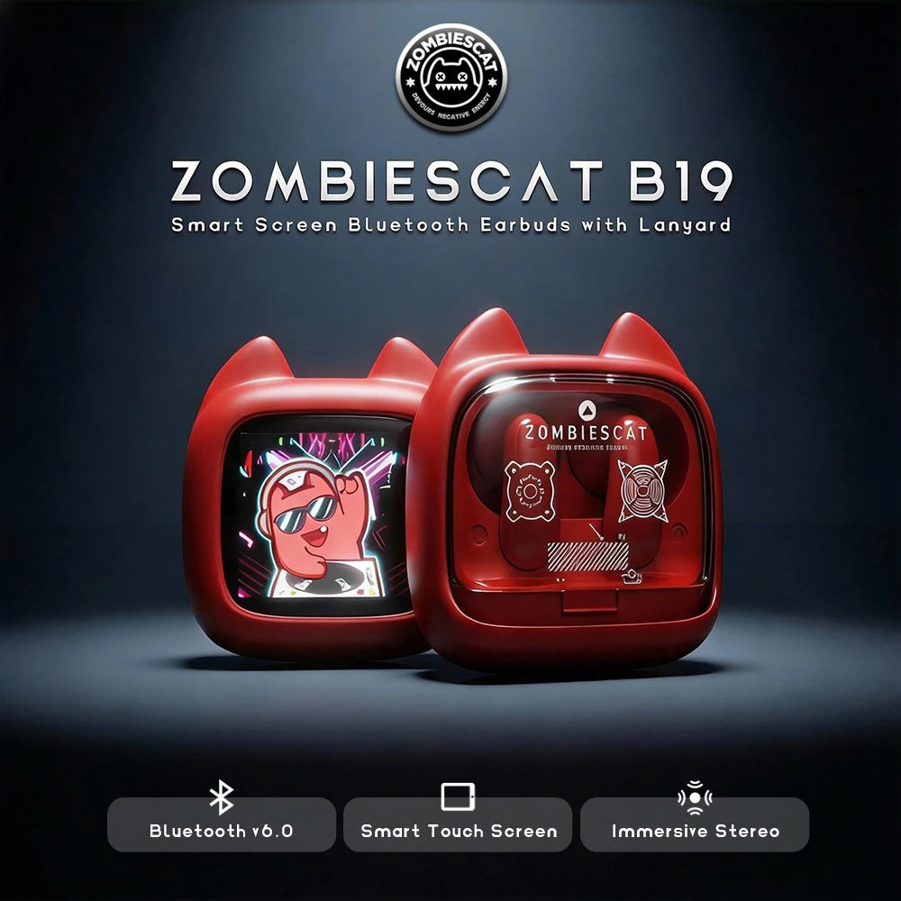 Zombies Cat B19 Smart Touch Screen Earphone HiFi Stereo Bluetooth 6.0 Headphones ENC Call Noise Reduction TWS Wireless Earbuds