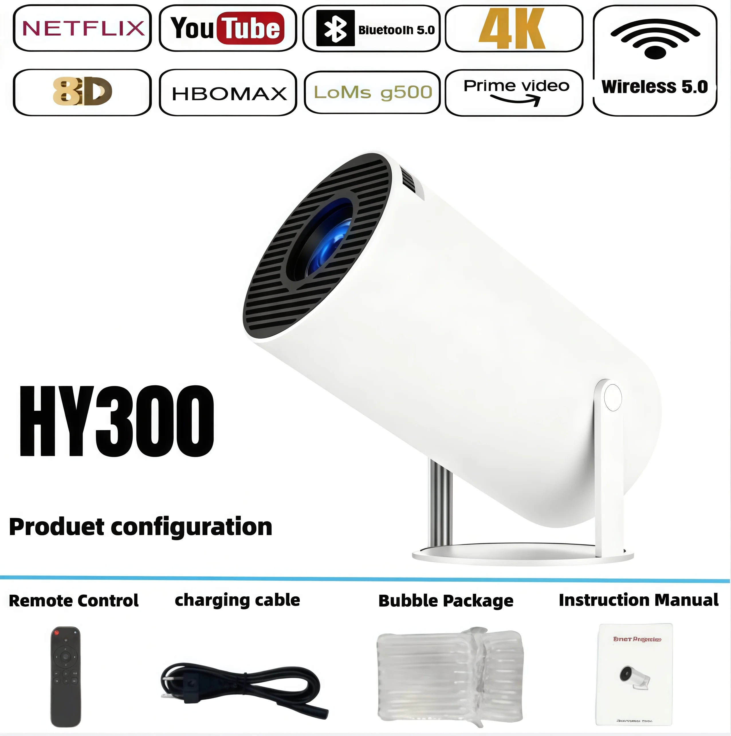 New  HY300  Projector 4K Android 11  Wifi6 290ANSI Allwinner H713 BT5.0 1080P 1280*720P Cinema Outdoor Portable Projetors ﻿