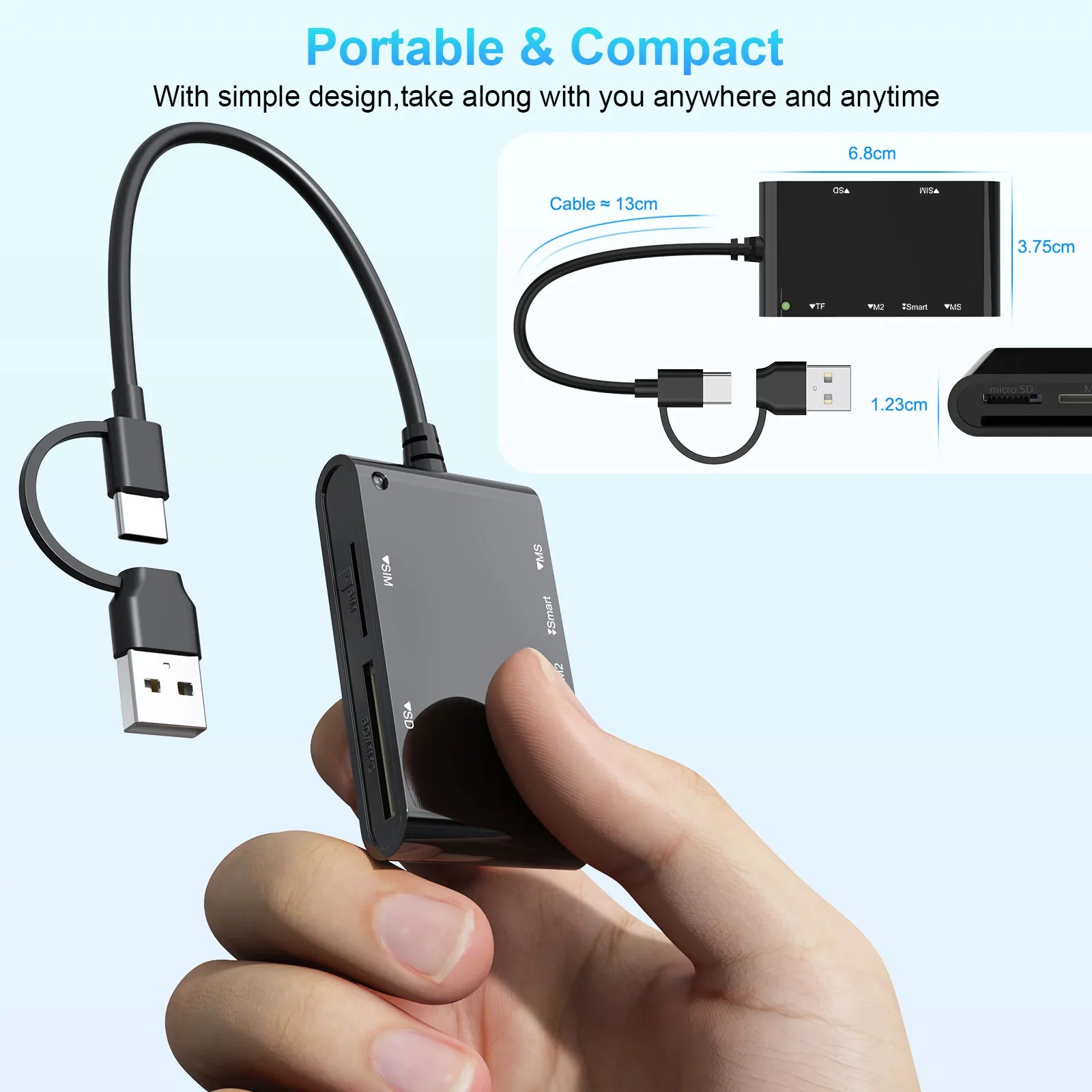 6 IN 1 Smart Multi-function Card Reader USB/Type C to Smart/MS/M2/TF/SIM/SD Memory Card Bank Card Reader for PC Laptop Transfer