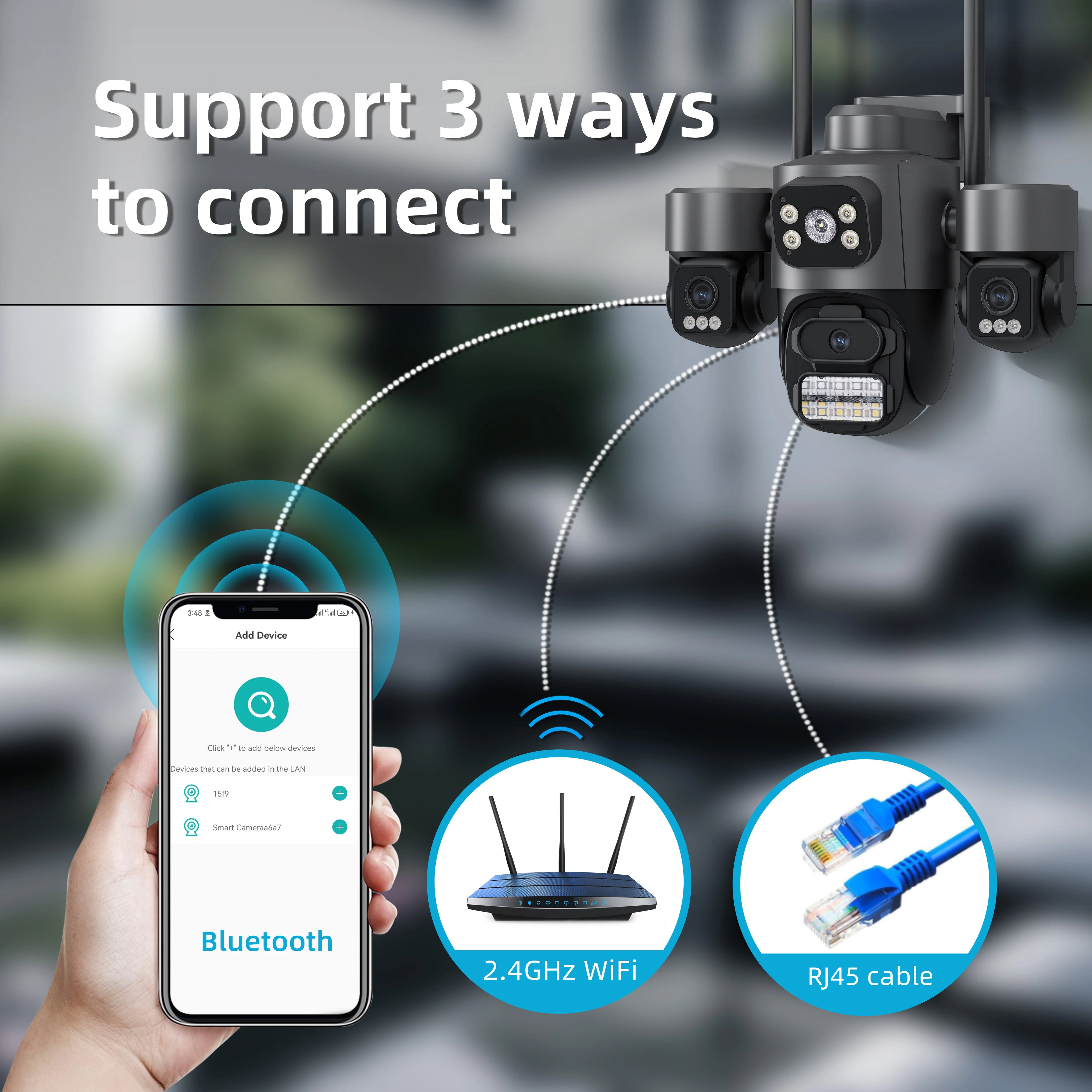 Hot Sale  iCsee 3 Lens 3 Screen WiFi Camera 360° Auto Tracking  Waterproof Outdoor CCTV, WiFi Security Cam ICsee Surveillance