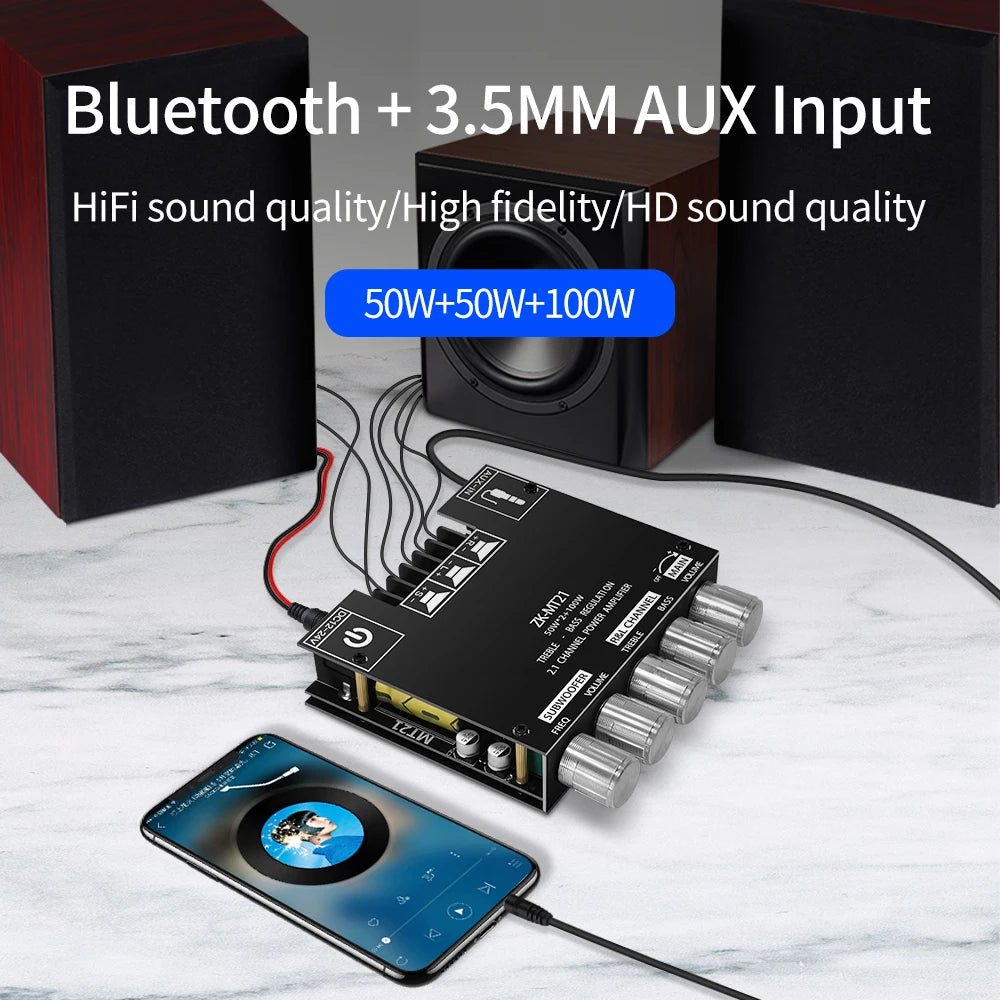 ZK-MT21 Sound Amplifier Module 2x50W+100W 2.1 Channel Subwoofer Bluetooth 5.0 Digital Power Amplifier Board AUX 12V/24V Stereo