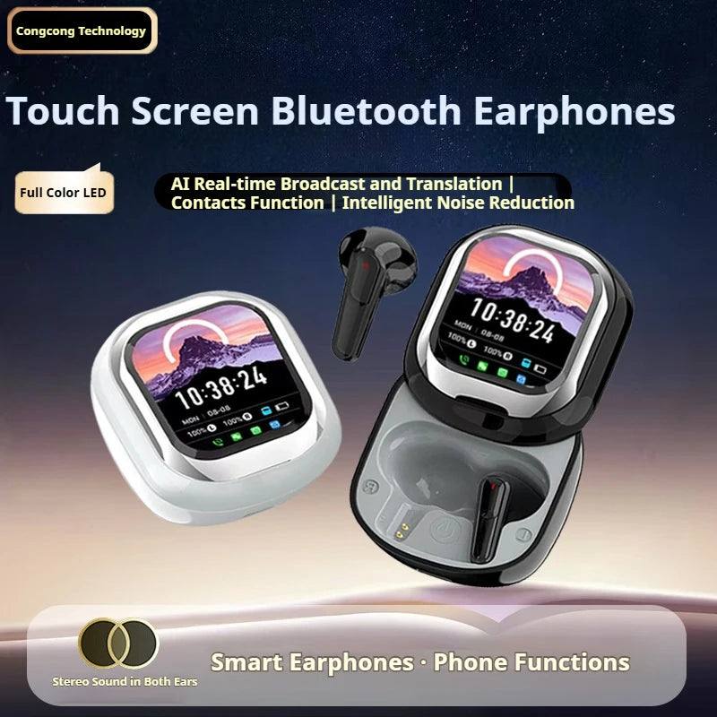 2025 New Wireless Bluetooth Ai Translation Headset Smart Touch Screen Noise Cancellation Headset Customized Long Standby Earbuds