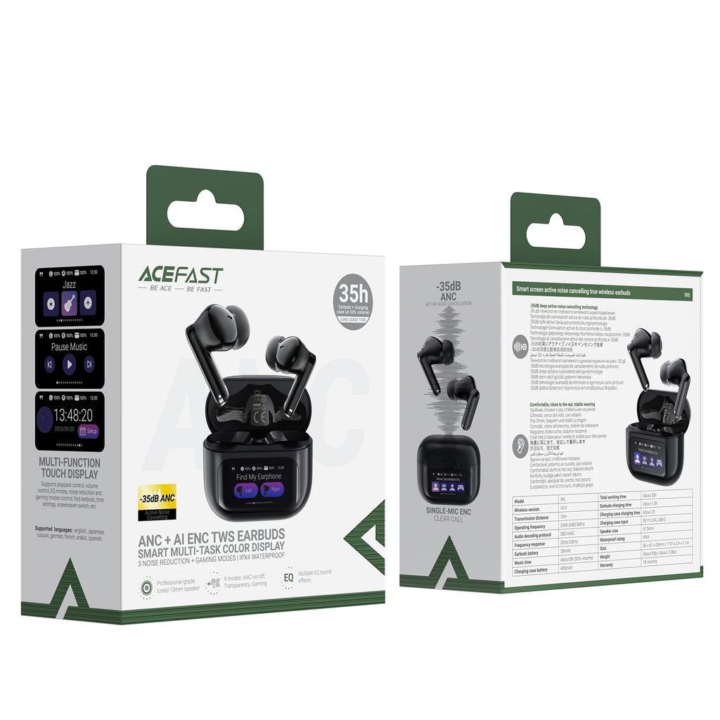ACEFAST Smart Touch Screen Wireless Earphones 35dB ANC ENC Noise Reduction Bluetooth 5.4 Music Sports EQ Earbuds 32H Standby W6
