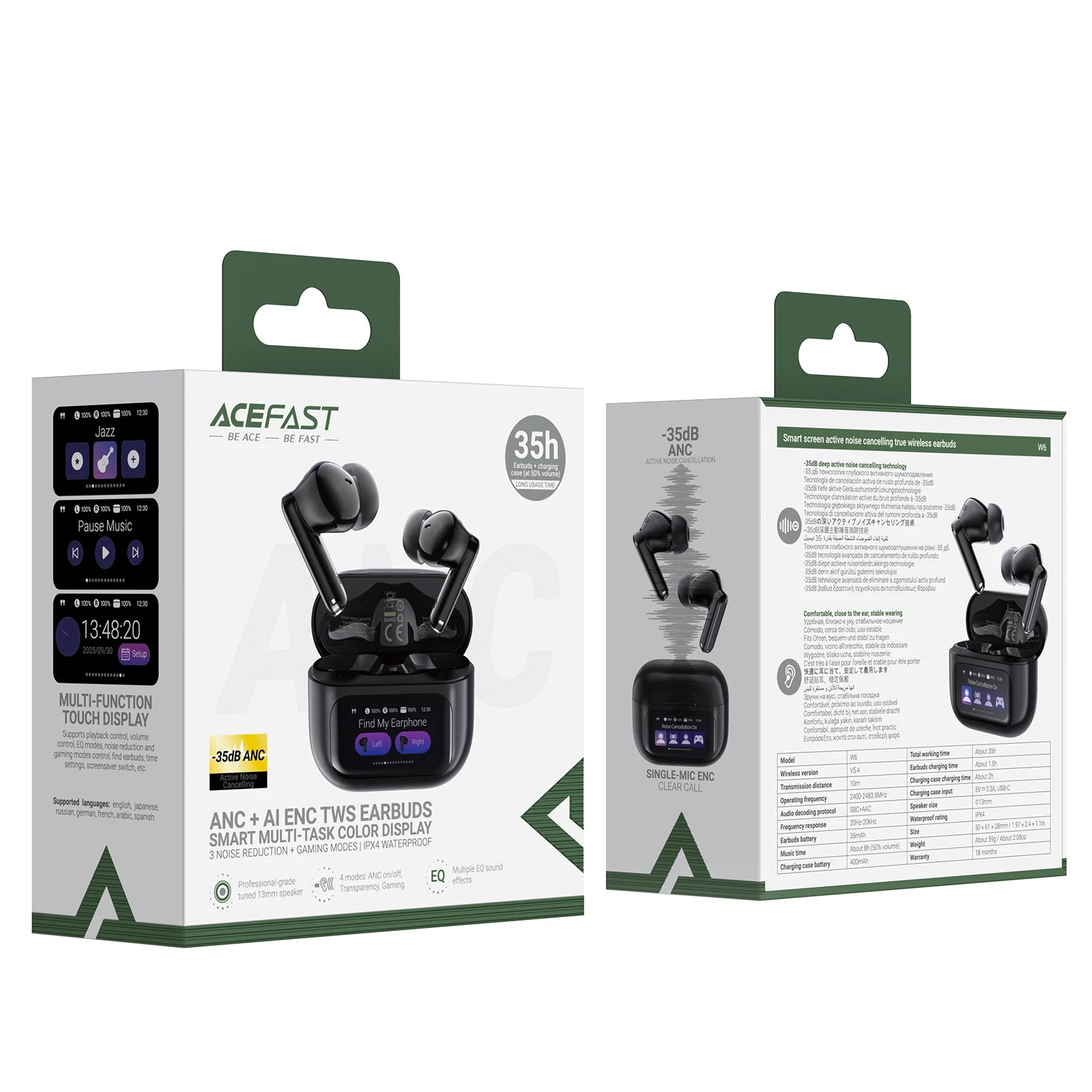 ACEFAST Smart Touch Screen Wireless Earphones 35dB ANC ENC Noise Reduction Bluetooth 5.4 Music Sports EQ Earbuds 32H Standby W6