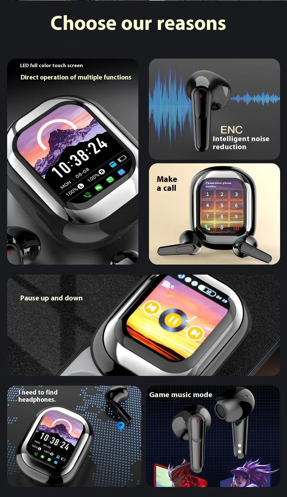 2025 New Wireless Bluetooth Ai Translation Headset Smart Touch Screen Noise Cancellation Headset Customized Long Standby Earbuds