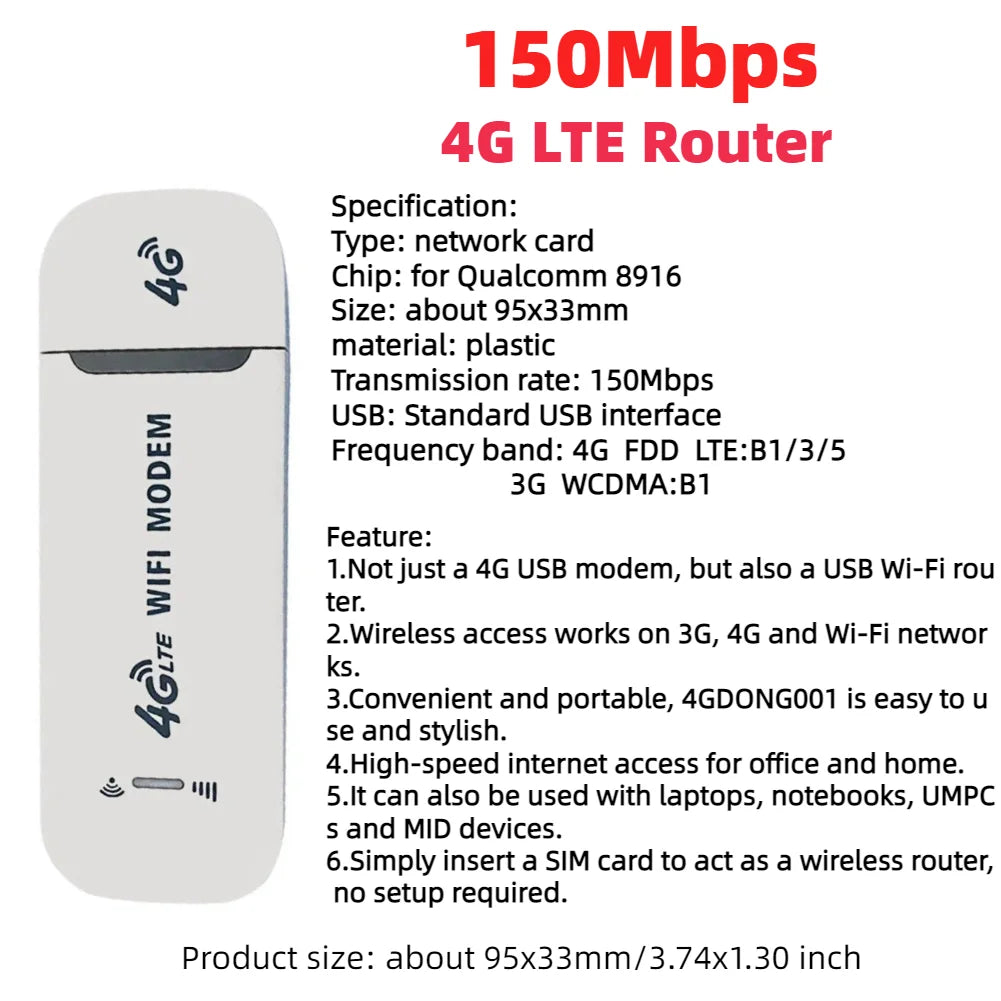 4G LTE USB Modem Dongle 150Mbps Wireless WiFi Mobile Router SIM Card Network Card Pocket WiFi Hotspot Router for Home Office
