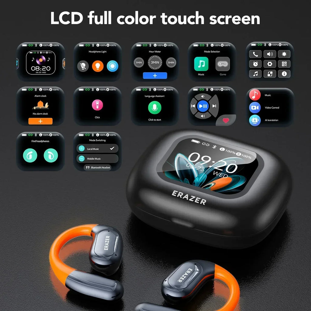 HTC NE27 Wireless Headphones Bluetooth 5.4 AI Translator Earbuds Glowing Earhook Upgraded LCD Touchscreen ENC Noise Reduction