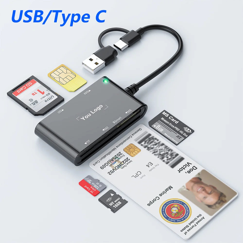6 IN 1 Smart Multi-function Card Reader USB/Type C to Smart/MS/M2/TF/SIM/SD Memory Card Bank Card Reader for PC Laptop Transfer