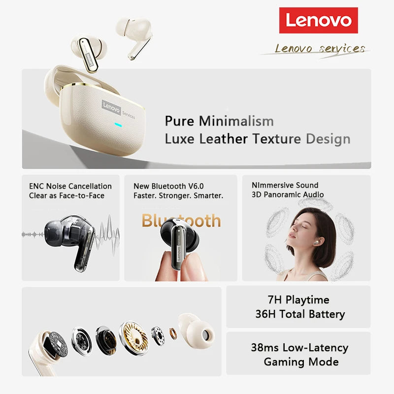 Lenovo LE208 TWS Bluetooth 6.0 Wireless Leather Earphones Stereo ENC Noise Cancelling Headphone 38ms Low Latency Gaming Headset