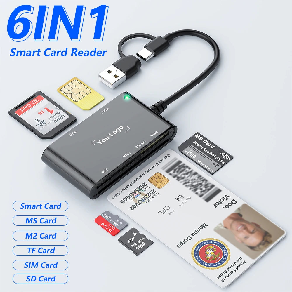6 IN 1 Smart Multi-function Card Reader USB/Type C to Smart/MS/M2/TF/SIM/SD Memory Card Bank Card Reader for PC Laptop Transfer