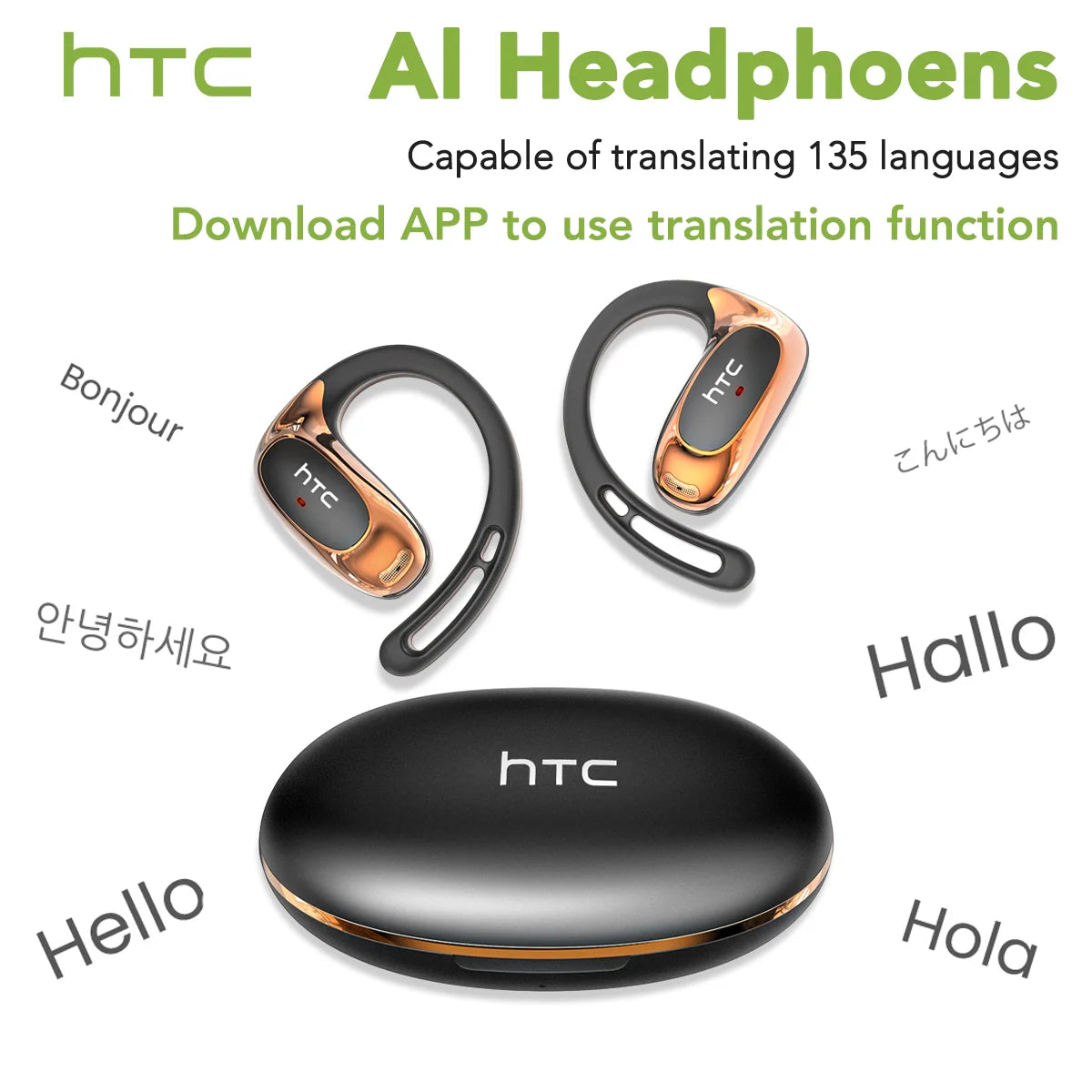 HTC NE35 Bluetooth V6.0 AI Translation Earphones OWS Sport Headphone Comfortable Ultra-light Earhook Wireless Headphone with Mic