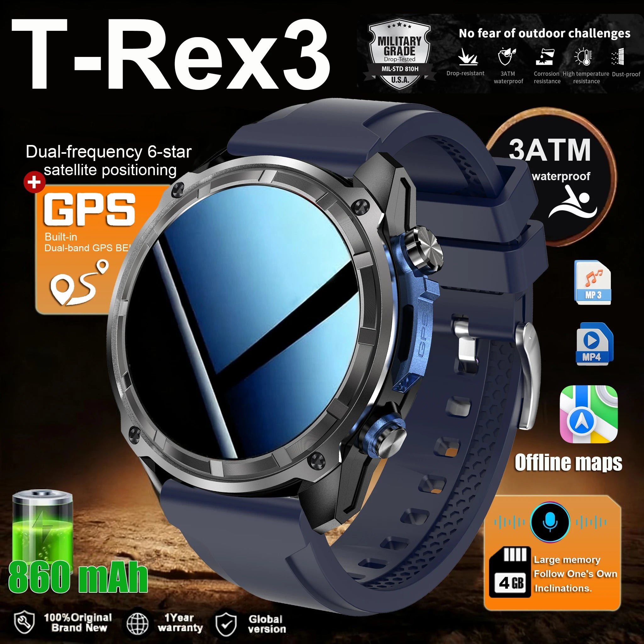 NEW 2025 GPS Smart Watch with Offline Maps 4GB Memory Video Player Military Sports Smartwatch Men 30m Swimming Waterproof AMOLED